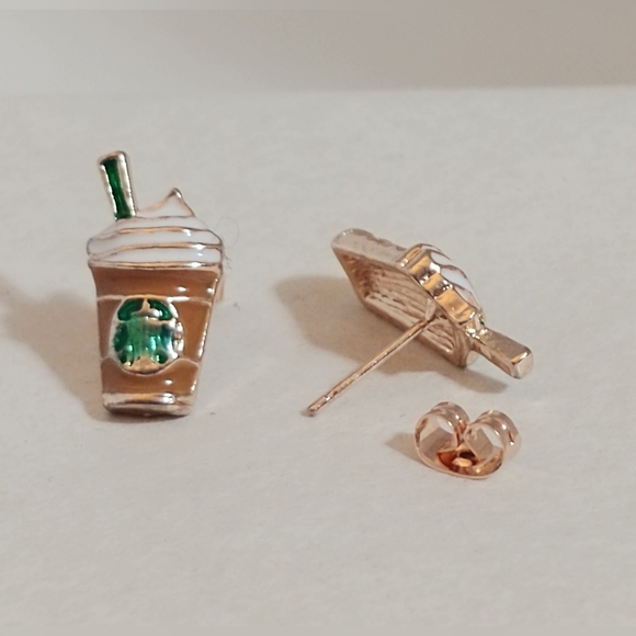 "Starbucks" look iced coffee cream foam enamel gold stud earrings brown/white - Picture 3 of 4